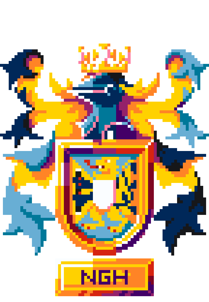 A coat of arms blazoned Per saltire Azure and Or, a lion per saltire Or and Sable holding in its arms a herald's staff Sable, overall a ineschutcheon Argent